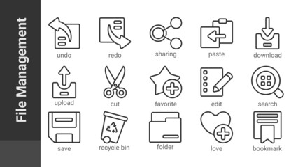 File Management, editable outline icons set isolated on white. Perfect thin outline icon style