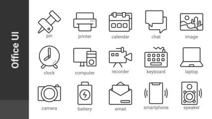 Office UI, editable outline icons set isolated on white. Perfect thin outline icon style