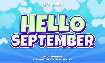 Hello september sticker, cute cartoon text effect.