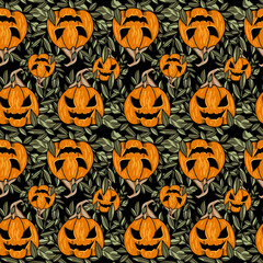 Pattern. Halloween pumpkin and leaves doodle drawing on black background. Color image. Isolated vegetables. halloween costumes. Design for textile, fabric, scrapbooking, wrapping, packing.