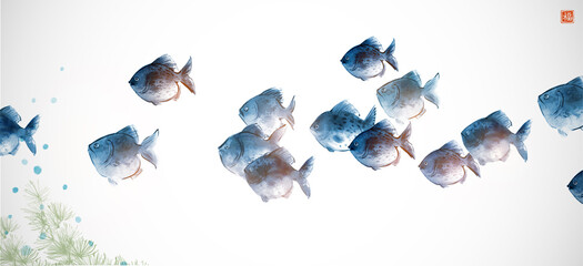 School of blue fish and green seaweed on white background. Traditional oriental ink painting sumi-e, u-sin, go-hua. Translation of hieroglyph - good luck © elinacious