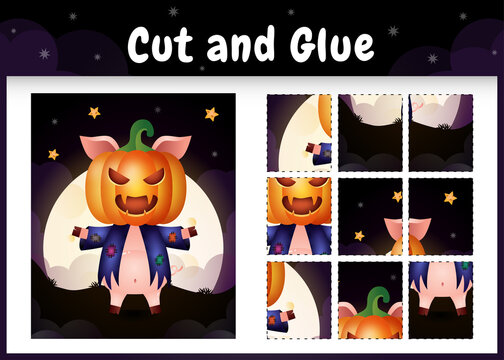 Children board game cut and glue with a cute pig using halloween costume