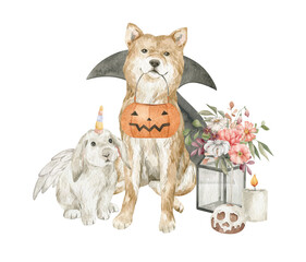 Watercolor composition with cute animals in halloween costume. Unicorn rabbit, devil dog, candle, lantern, flowers. Autumn holiday 