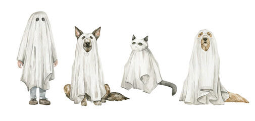 Watercolor set with cute ghosts. Kid, dogs, cat in Halloween costumes. Funny animals in costtumes - 448244127