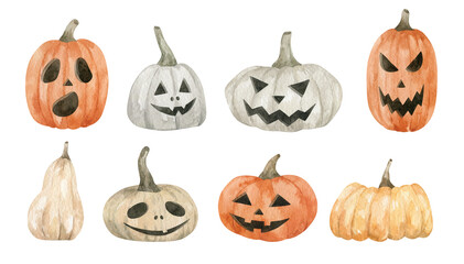 Watercolor set with Halloween pumpkins in different colours. Cute, spooky, scary veggies