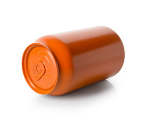 Metal can of drink on white background