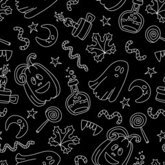Vector pattern with isolated symbols of Halloween - pumpkins, ghosts, sweets, potions, candles on black color. Cartoon background for use in design