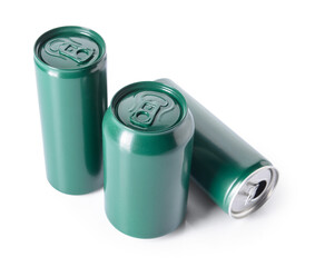 Metal cans of drink on white background