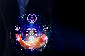 Cyborg development for future of people living. Digital data mining and machine learning technology design for computer brain - Hand holding circle safety purple in hand with icon online shopping data