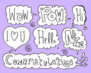 Hand drawn set of speech bubbles with handwritten short phrases  wow,pow,hi,hello,nice,congratulation on purple background.