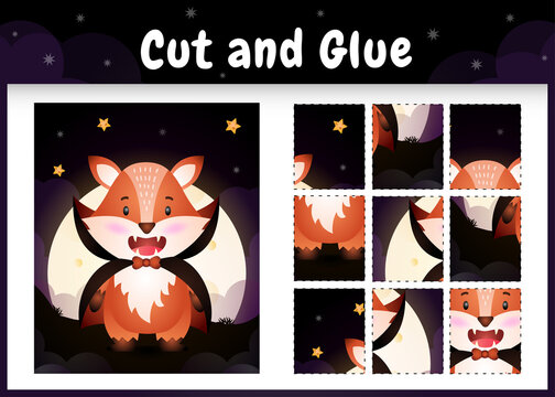 Children board game cut and glue with a cute fox using halloween dracula costume
