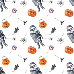 Watercolor cute kids Halloween skeleton scrapbook paper 