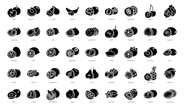 Fruit Glyph Icon Vector Set. Collection of 45 fruit symbols.