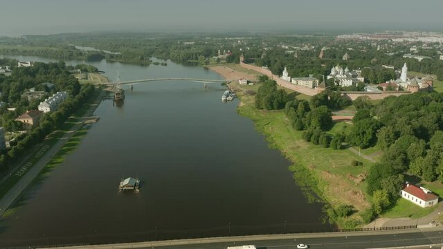 Aerial shot of Veliky Novgorod involving Novgorod Kremlin fortress and the Volkhov river. Russia