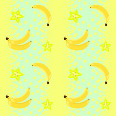 Naklejka na ściany i meble Exotic fruits bananas and starfruit on a green background with dots seamless pattern. Vector illustration
