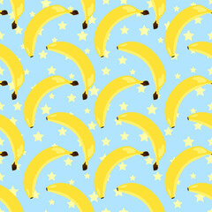 Yellow exotic fruits bananas on a blue background with stars seamless pattern. Vector illustration