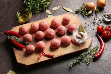 Composition with raw cutlets made of fresh forcemeat on dark background