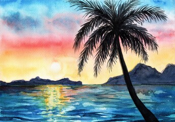Tropical colorful seascape with a palm tree, watercolor hand drawn illustration