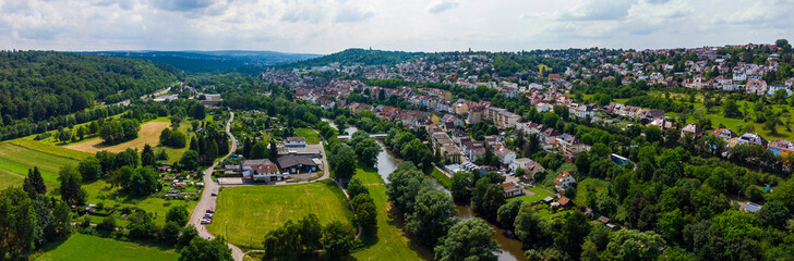 Fototapeta na wymiar Aerial view of Eutingen, Pforzheim on a sunny day in spring in Germany.