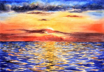 Fototapeta na wymiar Expressive sunset seascape, watercolor hand drawn illustration