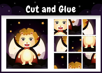Fototapeta premium Children board game cut and glue with a cute lion using halloween dracula costume
