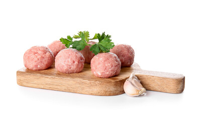 Wooden board with raw cutlets made of fresh forcemeat on white background