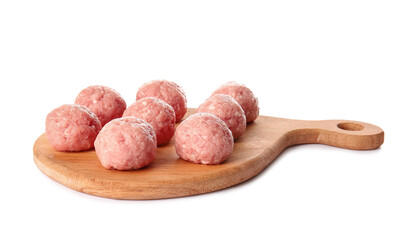 Wooden board with raw cutlets made of fresh forcemeat on white background