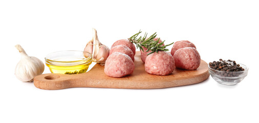 Wooden board with raw cutlets made of fresh forcemeat and ingredients on white background