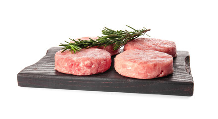 Wooden board with raw cutlets made of fresh forcemeat on white background