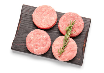 Wooden board with raw cutlets made of fresh forcemeat on white background