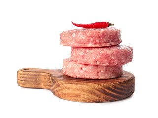 Wooden board with raw cutlets made of fresh forcemeat on white background