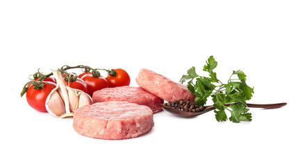Raw cutlets made of fresh forcemeat and ingredients on white background