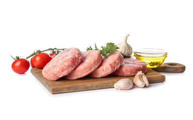 Wooden board with raw cutlets made of fresh forcemeat and ingredients on white background