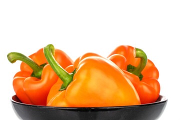 Three organic bell peppers on a ceramic plate, close-up, isolated on white.