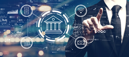 Online banking concept with a man on city background