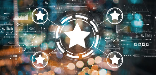 Fototapeta premium Rating star concept with blurred city lights