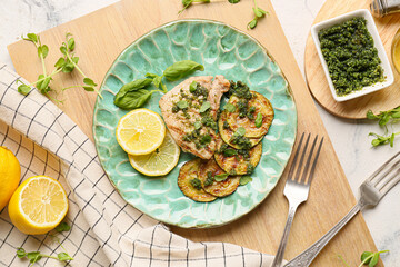 Composition with grilled zucchini, steak and pesto sauce on light background