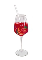 Hand drawn fresh summer cocktail glass on a white isolated background. Colorful illustration in Realistic style, doodle. Sangria with wine. 