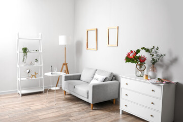 Modern room with chest of drawers, sofa and protea flowers