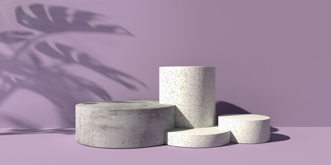 3D render of minimal podiums and geometric shapes with shadow of the tropical plants
