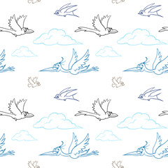 Cartoon birds are flying in the sky. Birds and clouds. Seamless vector pattern.