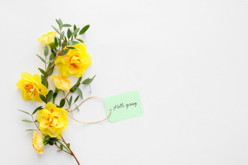 Beautiful daffodils and shopping tag with text HELLO SPRING on white background
