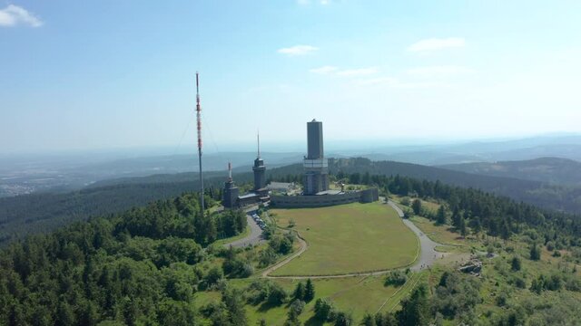 Feldberg Taunus Hessen Germany Funkturm radio tower Schmitten Aerial drone rotating panorama shot sun summer