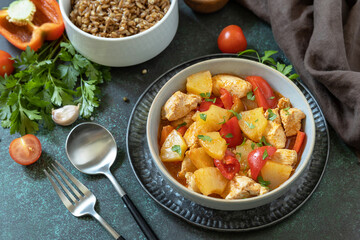 The concept of Diet menu. Homemade turkey or chicken with pineapple sauce and boiled spelled on a dark stone table.