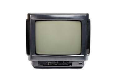 Analog black old TV receiver with clipping path isolated over white background.