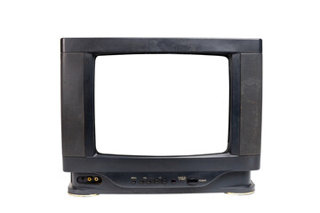 Black old tv receiver with cut out screen isolated over white background. clipping path