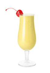 Glass of tasty banana daiquiri cocktail on white background
