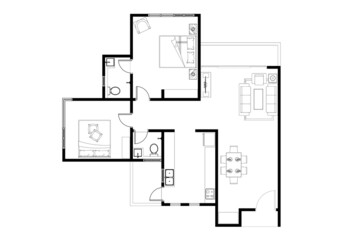 2D CAD house layout plan drawing with a double bedroom complete with bathrooms, balcony, furniture, kitchen and living room. Drawing produced in black and white. 