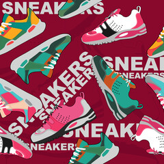 sneakers theme vector seamless pattern. collection of cool sneakers background. For textile print, web, room wall decor, and etc. vector.