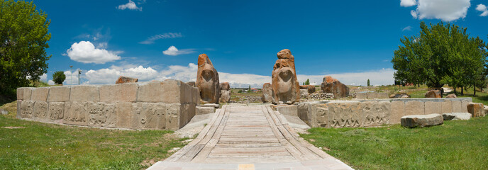 Panoromic view of the gate entrance with sphinx from the Hittite period in Alacahoyuk. Corum -...